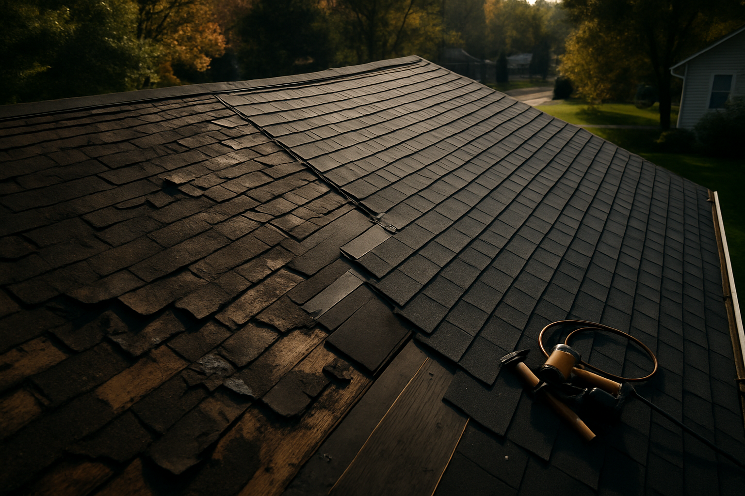 Split rooftop view comparing old damaged shingles with newly installed architectural shingles