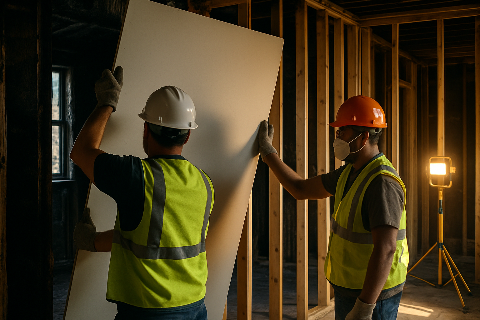 Interior of fire-damaged home mid-restoration with new framing and drywall installation