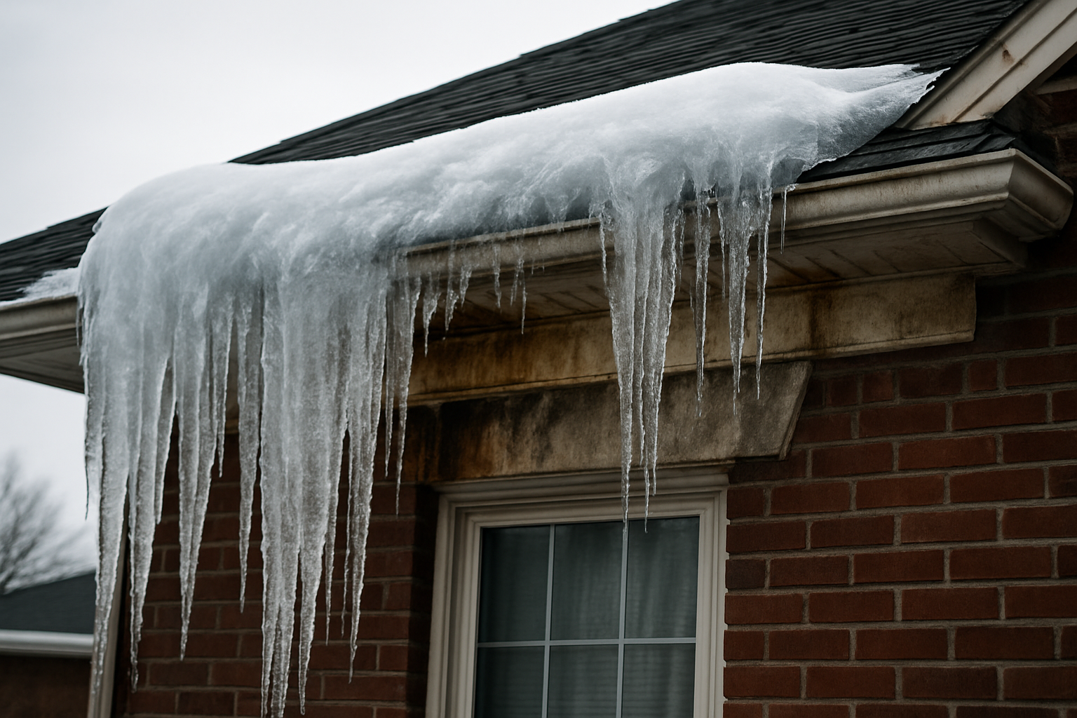 Ice dam damage on Michigan home roofline — Phase III Construction