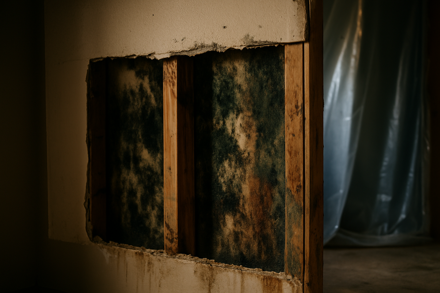 Mold growth behind drywall — Phase III Construction mold remediation Michigan