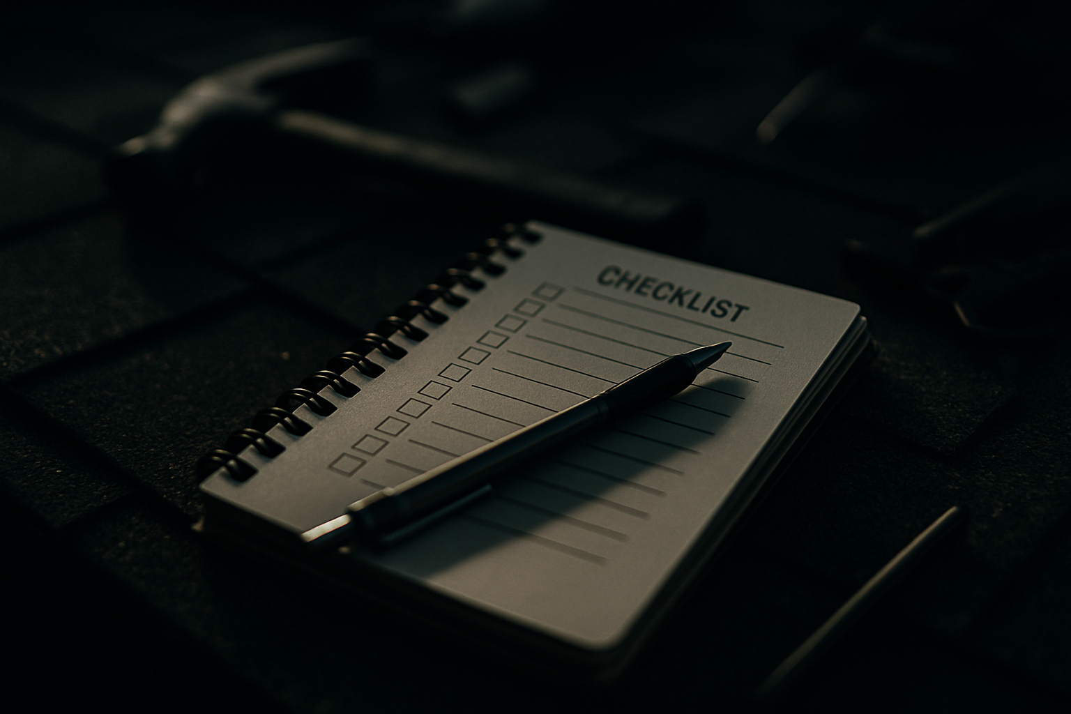 Contractor's field notebook with checklist on a rooftop worksite