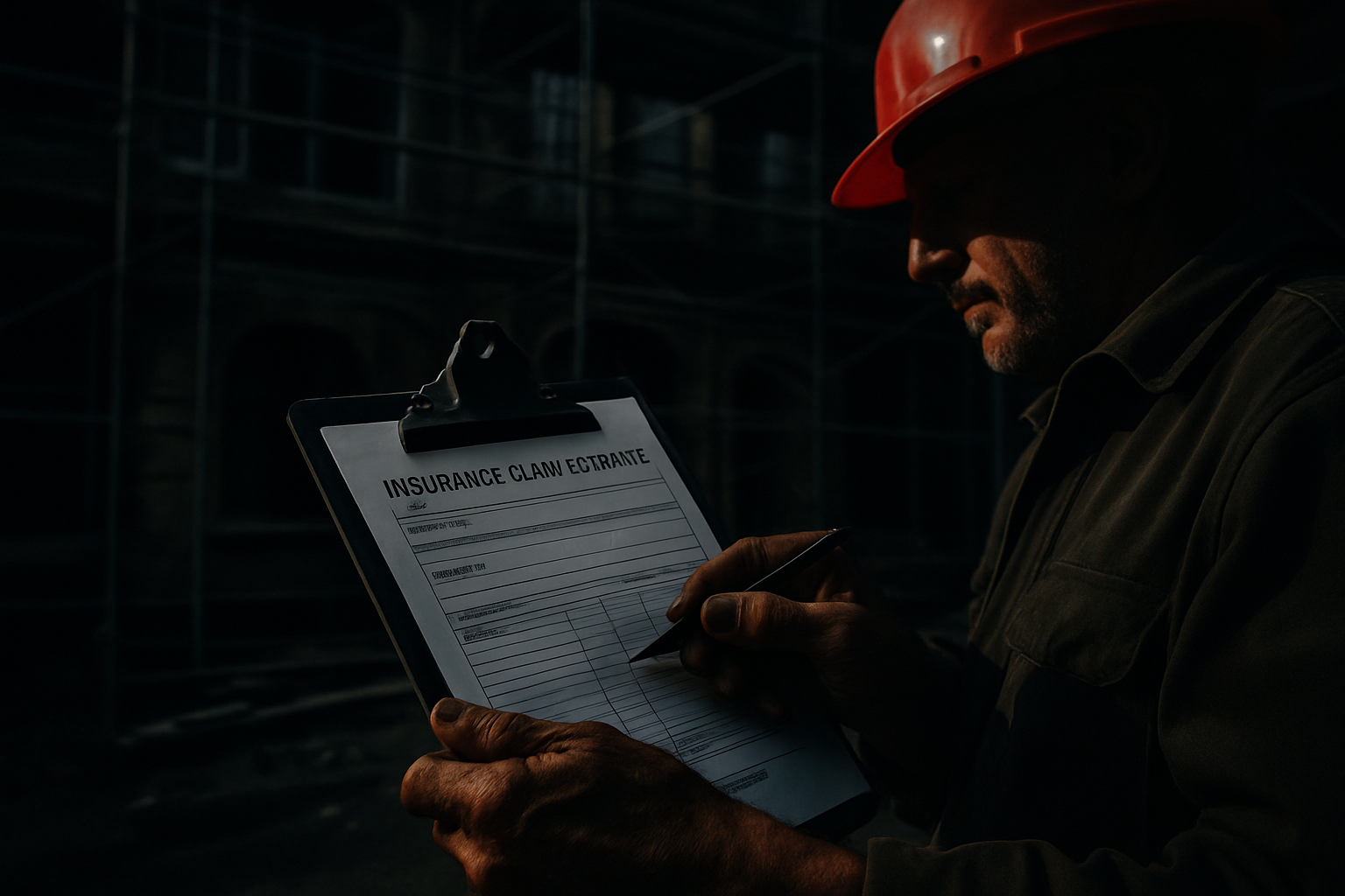 Contractor reviewing insurance estimate clipboard at restoration job site