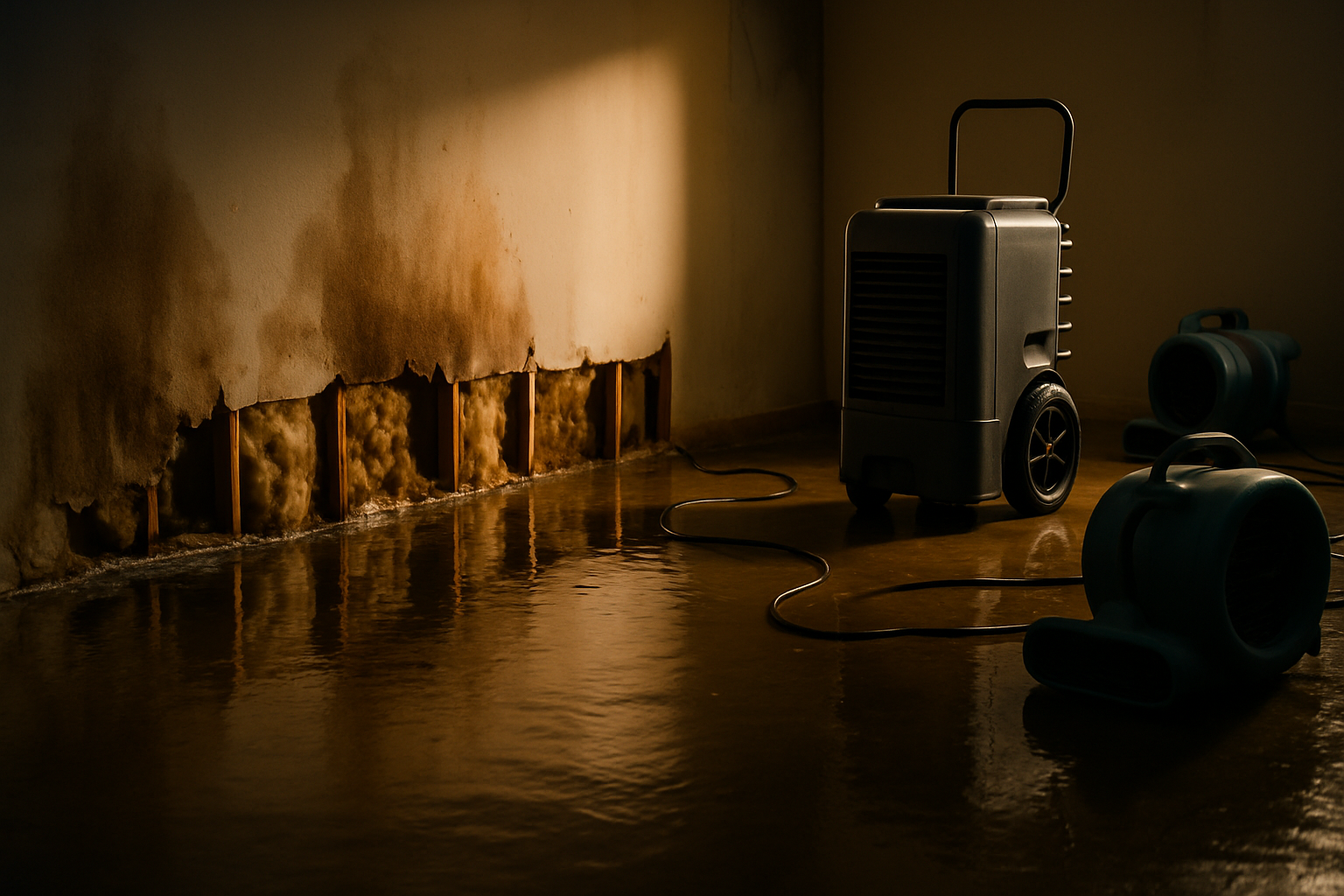 Flooded basement with standing water, water-stained drywall, and restoration equipment