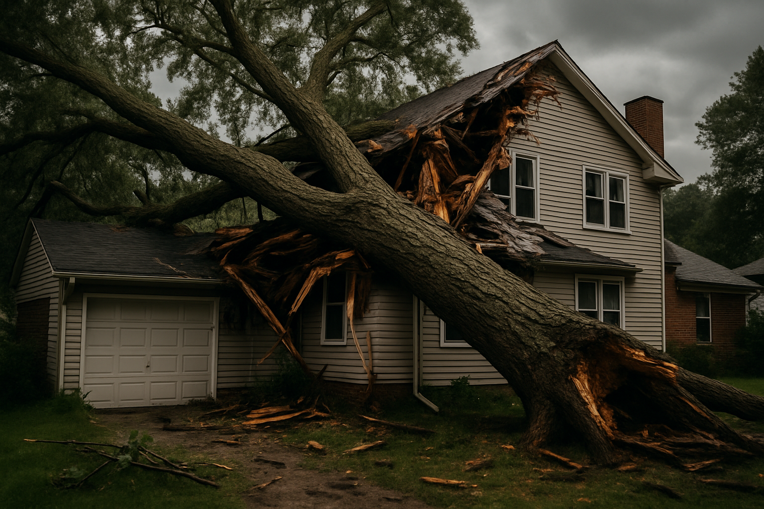 Large fallen tree crushing suburban home roof after windstorm, showing significant structural damage